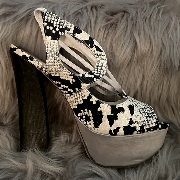 Kayleen Black & White snake print Victoria Heels w/ Silver Platform Y2K size 8.5 - Picture 5 of 15